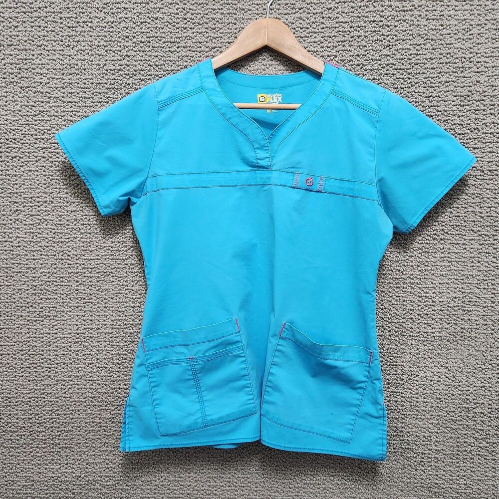 WONDER FLEX Women's Turquoise V-Neck Short Sleeve Scrub Top Size M